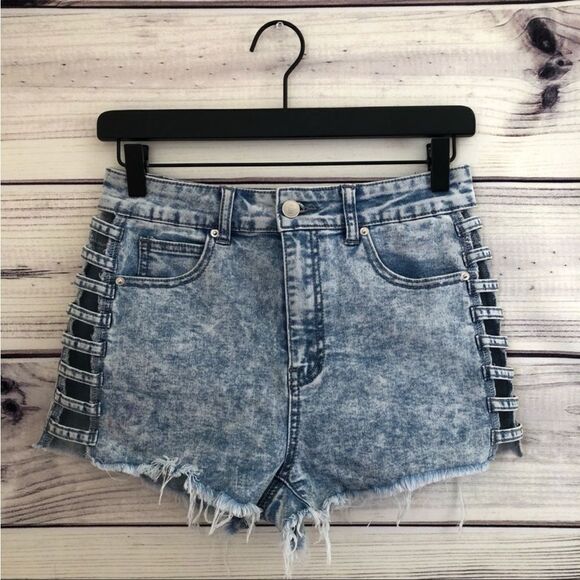 Windsor Acid Wash High Rise Cut Out Distressed Denim Shorts - Picture 1 of 10